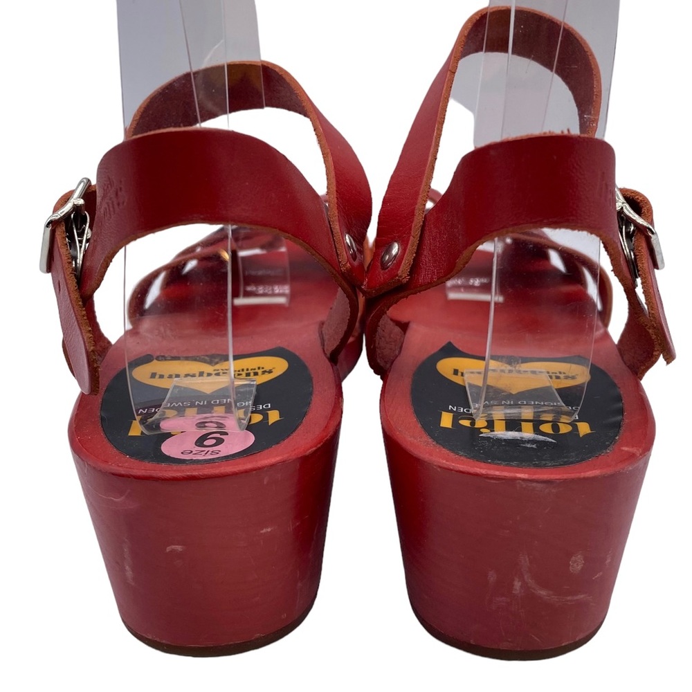 Swedish Hasbeens Sandal Red Leather Clog Bow Buckle Wood Size 8.5 - Picture 9 of 15